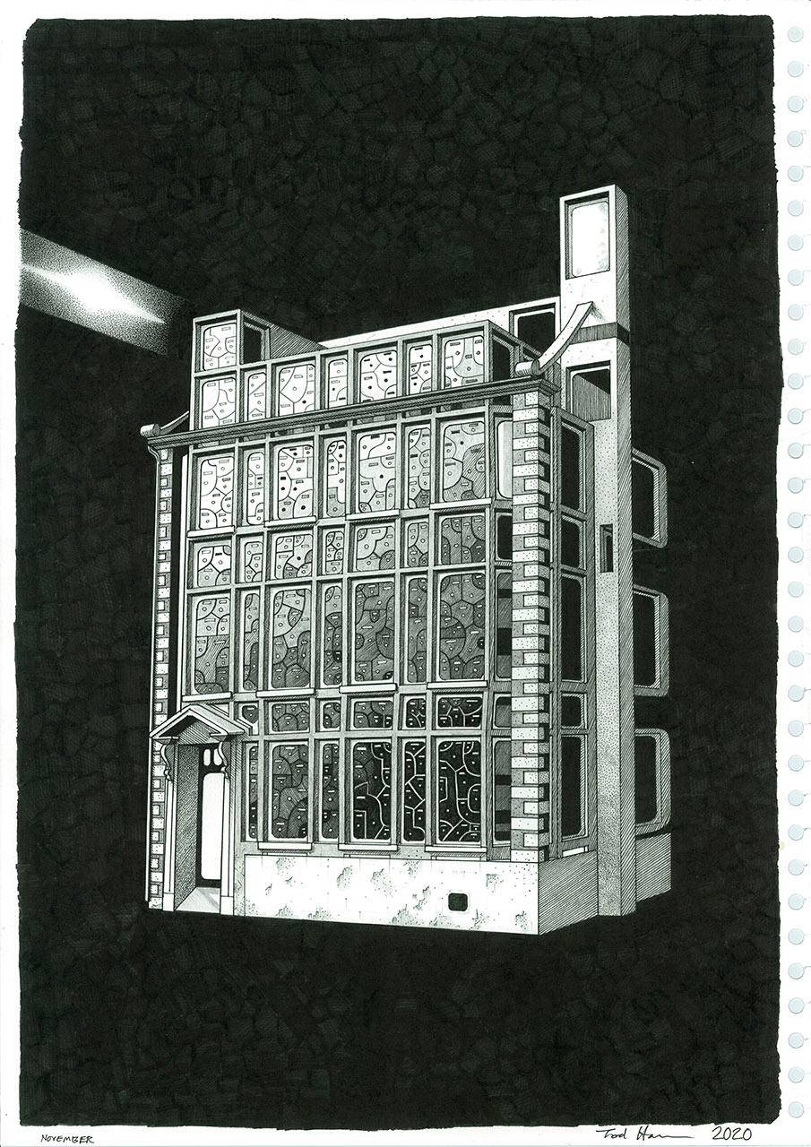 drawing in pen and pencil by Tod Hanson of his former house