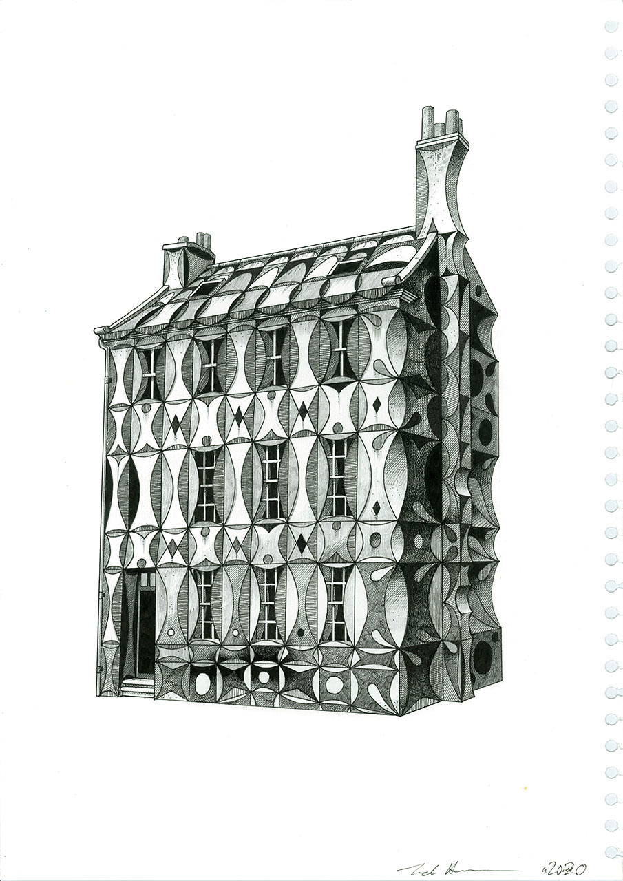 a drawing by Tod Hanson of his former home in Berwick upon Tweed