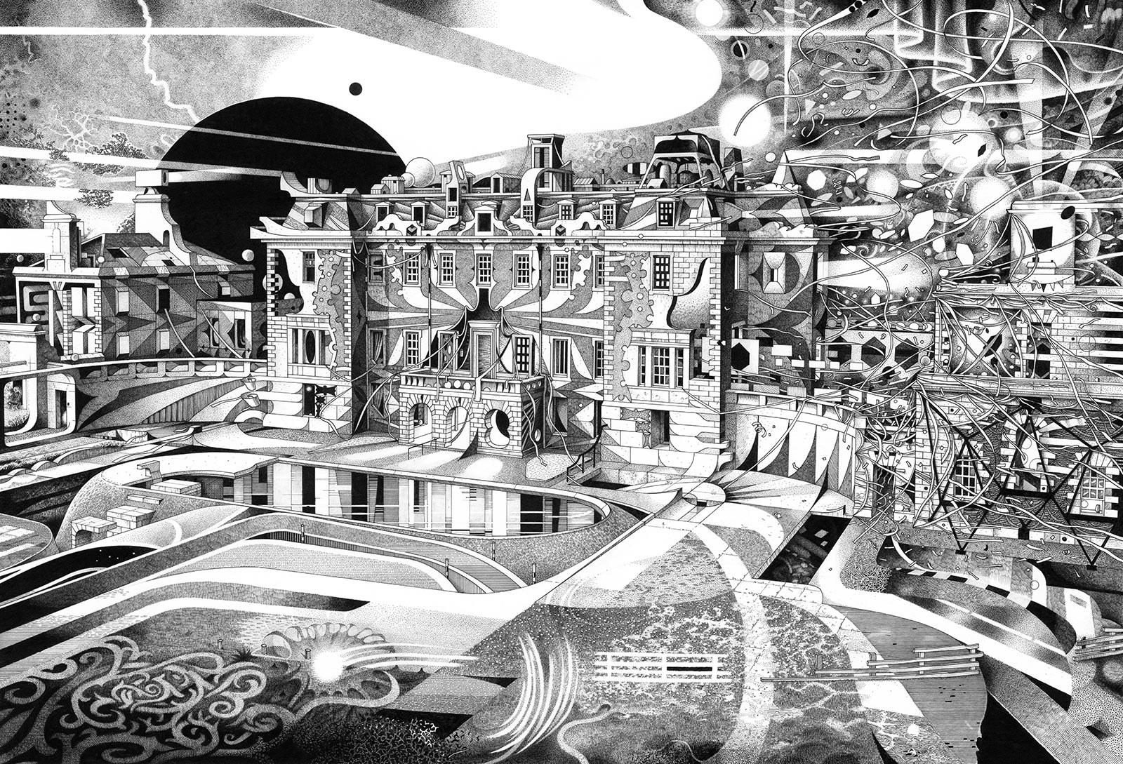 A pen and pencil drawing of Marchmont House by artist Tod Hanson